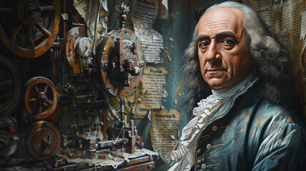 Vintage style portrait illustration of Benjamin Franklin in his printing shop, printing press. Antique american media and public opinion.