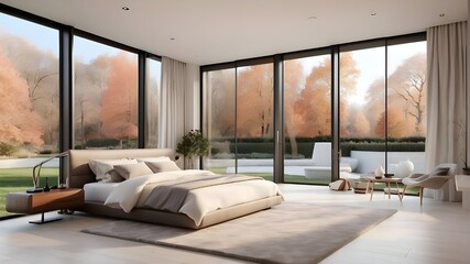 An example of a contemporary bedroom with large French windows - obrazy, fototapety, plakaty