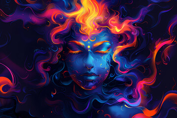 Indian Goddess Kali Maa on dark blue background. Goddess Durga Face. Religious festival of Hinduism Kali puja or Shyama Puja. Happy Durga Puja Subh Navratri