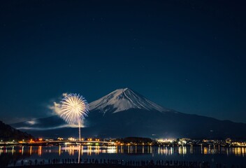 Vibrant fireworks light up the sky above Mount Fuji at night.
