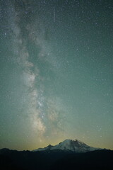 Milky way and meteor over Mt. Rainier National Park.