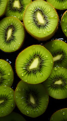 fresh kiwi fruit adorned with glistening raindrops of water background poster 