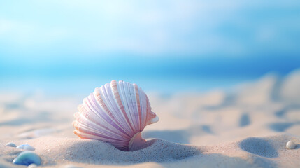 Close-up of beautiful seashells on the beach, blue sky and ocean background