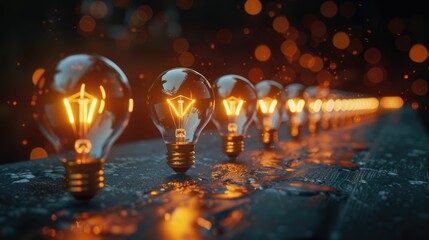 A row of glowing light bulbs in brightness against a black backdrop, symbolizing ideas and innovation.