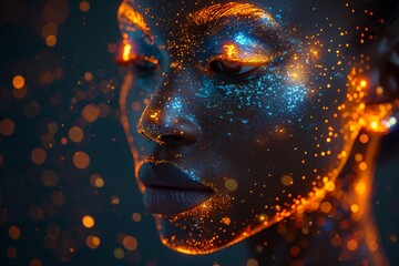 Poster of Digital African woman head, Artificial Intelligence concept. Abstract illustration of a head with glowing and fire shining, machine learning concept. Mental health care, ezoteric concept.