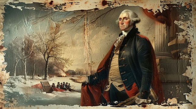 Vintage style illustration of George Washington standing in the snowy landscape of Valley Forge, wearing  Revolutionary War uniform. Former US president.