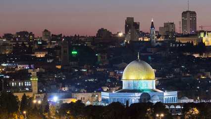 Evening in Old City, Temple Mount with Dome of the Rock timelapse view from the Mt of Olives in...