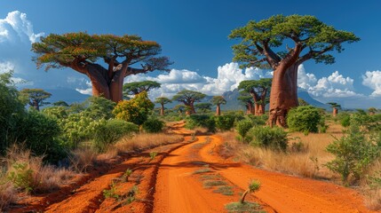 Alley Of The Baobabs Landscape From Madagascar. Most Famous Tipical Place L'alle des Baobab, Gravel...