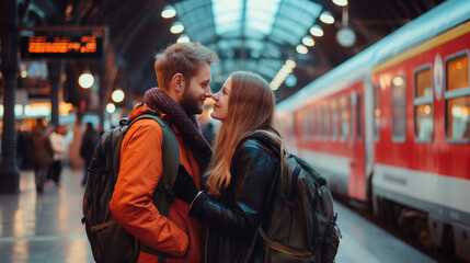 A couple is looking at each other and about to kiss at a train s