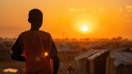 Sunset silhouette of a worker surveying housing for displaced families. World Humanitarian Day, August 19