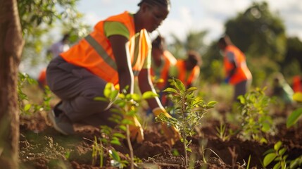 Aid volunteers planting trees in a deforested region, bringing life and support. World Humanitarian Day, August 19