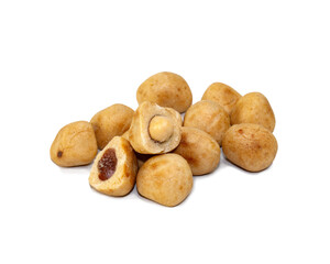 pile of peanut coated on white background.