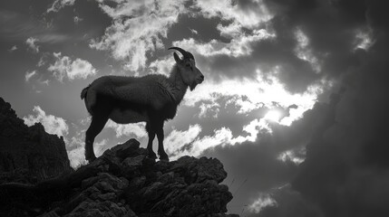 Alpine Ibex, Capra Ibex, Animals In Nature Rock Habitat, France. Night In The High Mountain. Animals Silhouettes With Dark Evening Clouds In The Alps - Generative AI
