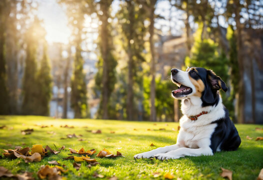 Dog lying relaxed on the grass in a park while looking to the side