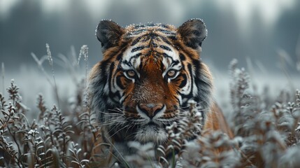 Naklejka premium Amur Tiger Hunting In Green White Cotton Grass. Dangerous Animal, Taiga - Generative AI