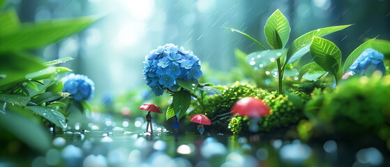 Unknown dwellers of the Hydrangea flower bloom in spring rain. hydrangea, azalea fantasy image....