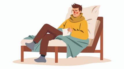 Man illustration with flu sitting in bed on white background 