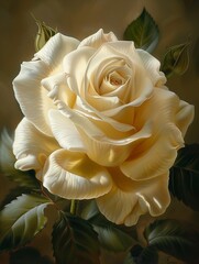 White rose against neutral backdrop with green foliage, AI-generated.