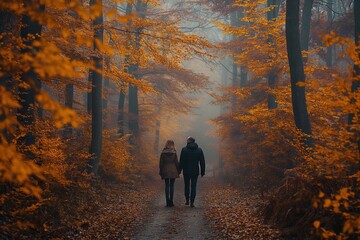 AI generated illustration of a couple strolling on a leaf-covered path towards a forest