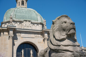 Obraz premium south facing entrance and stone lion outside The Ontario Government Building, aka Liberty Grand Entertainment Complex, an event venue, located at 25 British Columbia Road in Toronto, Canada