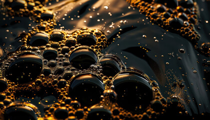 macro close up of golden bubbles on dark liquid for abstract backgrounds
