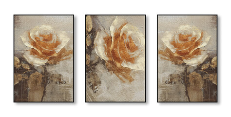Abstract art watercolor painting, modern art wall, mural, flowers, texture, golden color, triptych