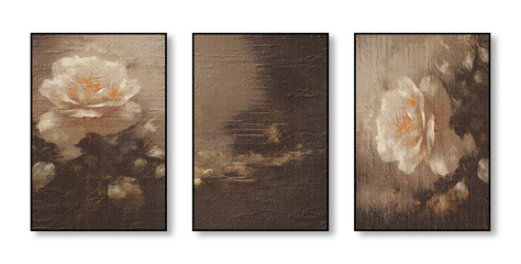 Abstract art watercolor painting, modern art wall, mural, flowers, texture, golden color, triptych - obrazy, fototapety, plakaty