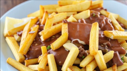 French fries are mixed with sauce and bacon.