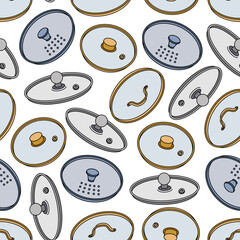 Glass kitchen lids seamless vector pattern. Transparent covers made of stainless steel, copper, iron. Round caps with holes for steam. Dishes for cafes, dining. Background for print, menu, packaging
