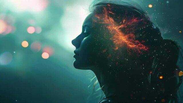 Video concept exploring the mind, self-discovery, introspection, thinking process. Woman developing her emotional intelligence.