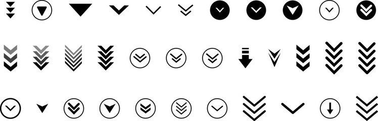 Swipe down icon set. Arrow down button symbol. Swipe down icons for social media stories. Scroll down pictogram. Vector