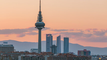 Madrid evening skyline timelapse with some emblematic buildings and towers
