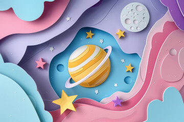 artistic paper cut scene with Saturn and celestial bodies on layered waves