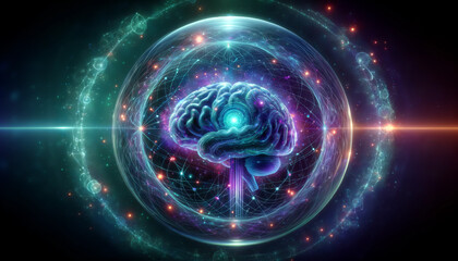 Fototapeta premium Digital Brain Hologram with Cosmic Data Streams, Symbolizing Advanced Neural Computing