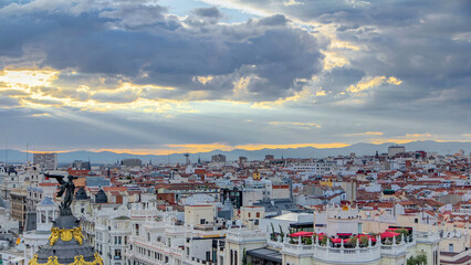 Panoramic aerial view of Gran Via timelapse before sunset, Skyline Old Town Cityscape, Metropolis Building, capital of Spain