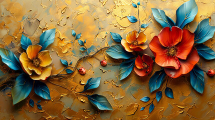Abstract oil painting art. Original flower and leaves painting on golden texture. Impasto brush strokes. Enchanting view, harmony of art on canvas. Banners, wallpapers, murals, posters, cards.