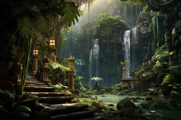 Naklejka premium Old beautiful ancient temple in the jungle. Tropical landscape with mystic ruins. Travel and vacation, exploration and adventure concept