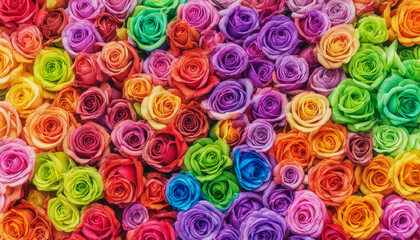 Floral background of roses. Lots of densely placed heads of colorful roses. Red, yellow, blue, purple, green, pink colors. Full frame. Top view.