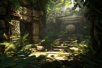 Naklejka premium Old beautiful ancient temple in the jungle. Tropical landscape with mystic ruins. Remains of an ancient civilization in the mystical jungle. Travel and vacation, exploration and adventure concept