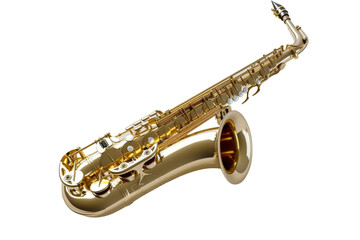 A saxophone stands elegantly against a pristine white backdrop