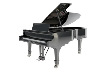 A grand piano, with a sleek black case, stands elegantly in a dimly lit room