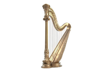 A golden harp shimmers elegantly against a pristine white background