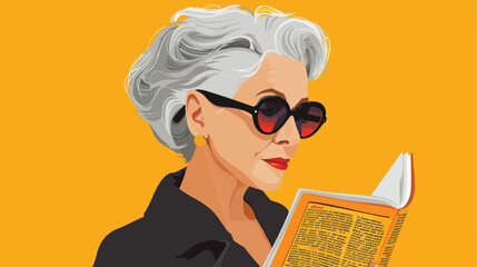 Mature woman with sunglasses reading magazine on yellow 