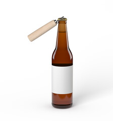 Dark beer bottle with blank label and opener