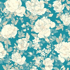 Obraz premium Peach Blossom Watercolor Pattern with Greenery Accents Vintage Floral Elegance: Timeless Garden Illustration. Design for background, graphic design, print, poster, interior, packaging paper