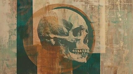 A skull with a circle around it. The skull is made of different shades of brown. The background is made of different shades of green and brown.
