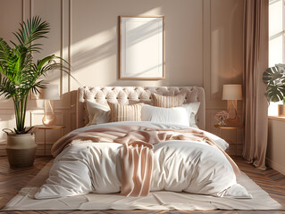 Plush Retreat: White Frame Mockup Adorning Elegant Bedroom Decor