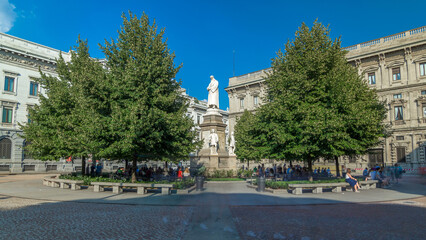 Monument to Leonardo da Vinci in Piazza della Scala meaning La Scala square timelapse hyperlapse in...