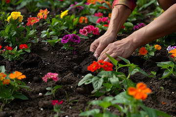 Detailed view of a gardener's hands planting vibrant annual flowers in a backyard garden, focusing on the soil and blooms