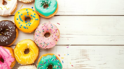 Colorful donuts on white wooden table. Top view with copy space. Donuts on a Background with Copy Space. 